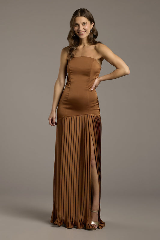 Strapless Matte Satin Pleated Drop Waist Dress