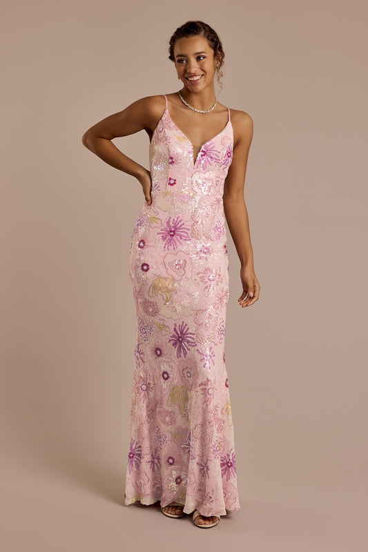 Floral Sequin Spaghetti Strap Sheath Dress
