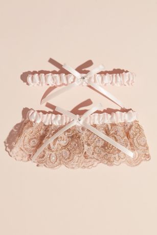 Blush Scalloped Lace and Satin Bow Garter Set