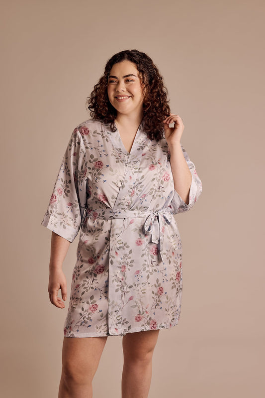 Light Blue Floral Print Satin Robe